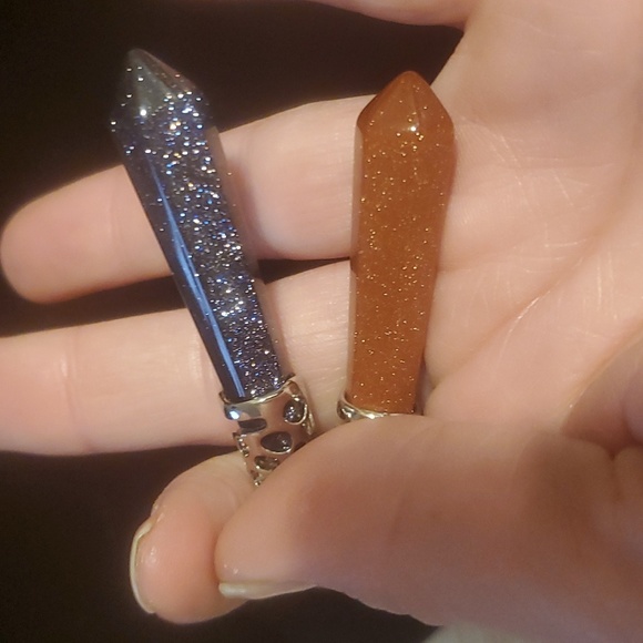 New 2pc Blue and Gold Sunstone Sandstone Long Point Pendants. - Picture 6 of 9